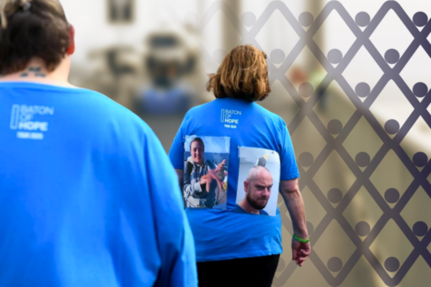 The backs of two people wearing light blue t-shirts walking, with a dark blue graphic added to the photo of people connecting their arms.