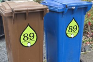 Two wheelie bins placed outside a house on the pavement.