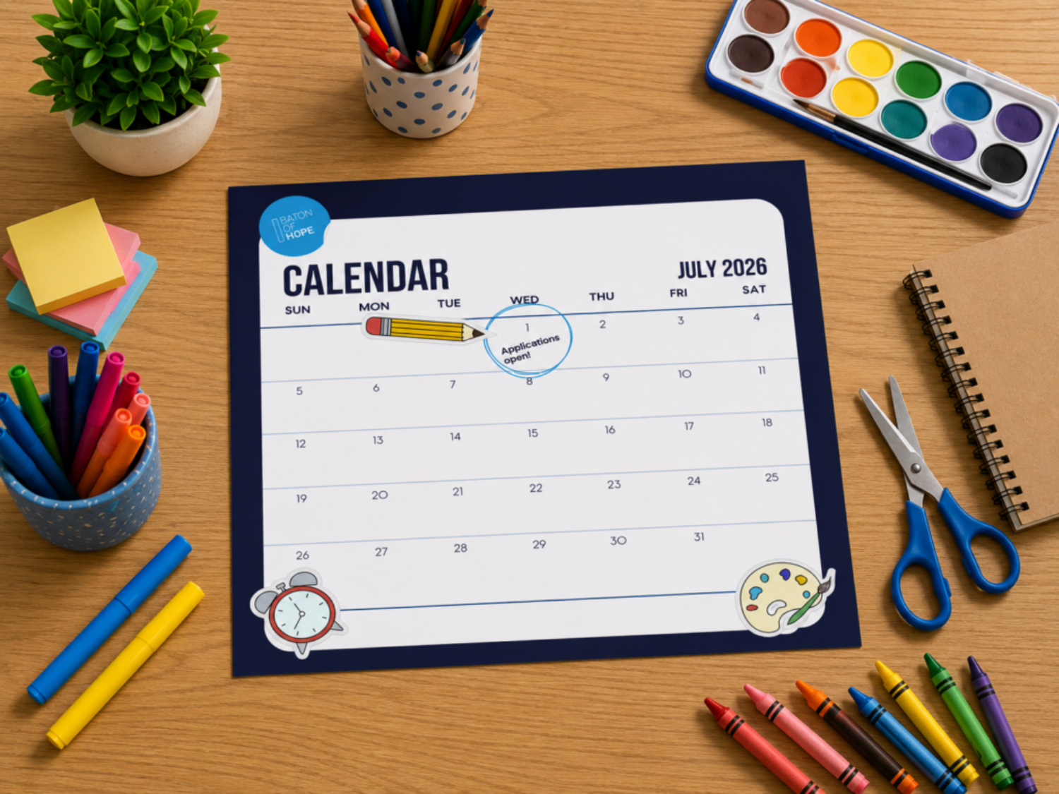 An AI-generated image of a printed calendar showing the month of July on a wooden table surrounded by art supplies.