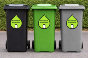 A photo of a row of household wheelie bins outside on a pavement.