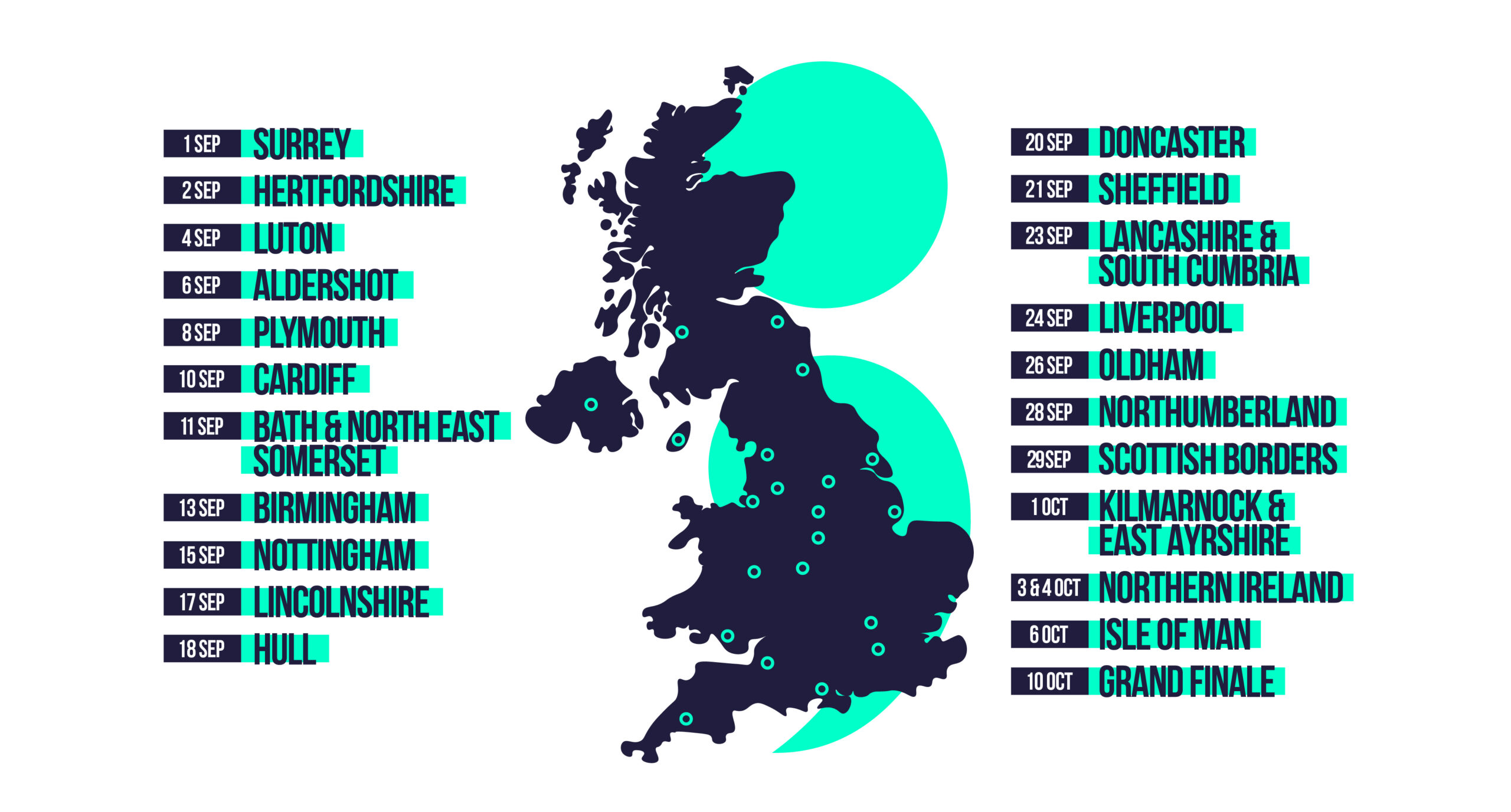 Map of the 21 host locations and dates for the Baton of Hope 2027 Tour across the UK