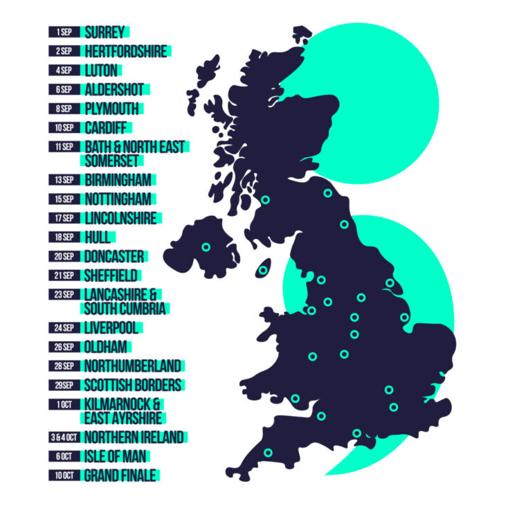 A graphic of a dark blue map of the UK with light blue pins showing specific places along with dates